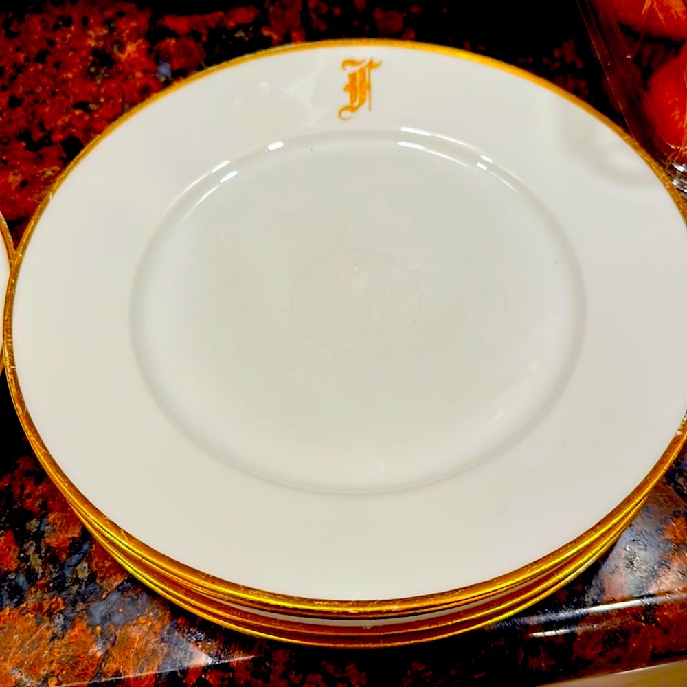 Thanksgiving!!Haviland France white gold monogram “F”  gold rimmed  five 91/2””